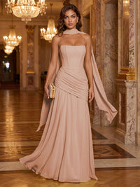 Chiffon A-Line/Princess Strapless Floor-Length Formal Dresses with Ruched Waist, Corset & Scarf