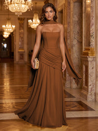 Chiffon A-Line/Princess Strapless Floor-Length Formal Dresses with Ruched Waist, Corset & Scarf