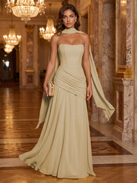 Chiffon A-Line/Princess Strapless Floor-Length Formal Dresses with Ruched Waist, Corset & Scarf