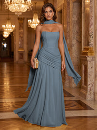 Chiffon A-Line/Princess Strapless Floor-Length Formal Dresses with Ruched Waist, Corset & Scarf