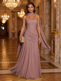 Chiffon A-Line/Princess Strapless Floor-Length Formal Dresses with Ruched Waist, Corset & Scarf
