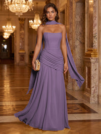 Chiffon A-Line/Princess Strapless Floor-Length Formal Dresses with Ruched Waist, Corset & Scarf