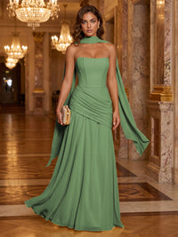 Chiffon A-Line/Princess Strapless Floor-Length Formal Dresses with Ruched Waist, Corset & Scarf