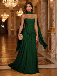 Chiffon A-Line/Princess Strapless Floor-Length Formal Dresses with Ruched Waist, Corset & Scarf