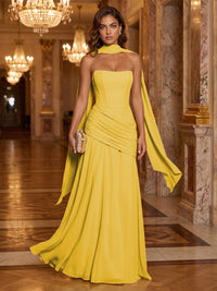 Chiffon A-Line/Princess Strapless Floor-Length Formal Dresses with Ruched Waist, Corset & Scarf