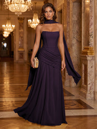 Chiffon A-Line/Princess Strapless Floor-Length Formal Dresses with Ruched Waist, Corset & Scarf