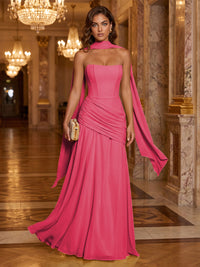 Chiffon A-Line/Princess Strapless Floor-Length Formal Dresses with Ruched Waist, Corset & Scarf