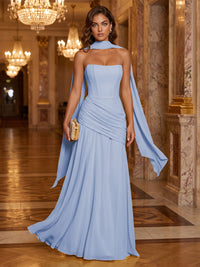 Chiffon A-Line/Princess Strapless Floor-Length Formal Dresses with Ruched Waist, Corset & Scarf