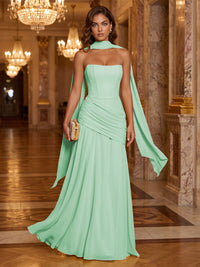 Chiffon A-Line/Princess Strapless Floor-Length Formal Dresses with Ruched Waist, Corset & Scarf