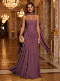 Chiffon A-Line/Princess Strapless Floor-Length Formal Dresses with Ruched Waist, Corset & Scarf