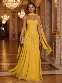 Chiffon A-Line/Princess Strapless Floor-Length Formal Dresses with Ruched Waist, Corset & Scarf