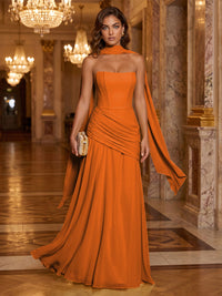Chiffon A-Line/Princess Strapless Floor-Length Formal Dresses with Ruched Waist, Corset & Scarf
