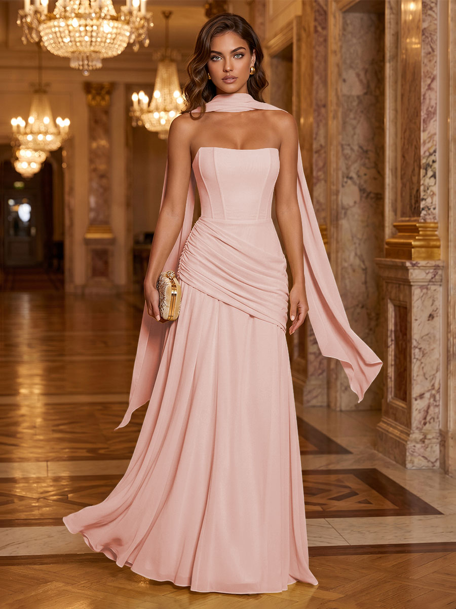 Chiffon A-Line/Princess Strapless Floor-Length Formal Dresses with Ruched Waist, Corset & Scarf