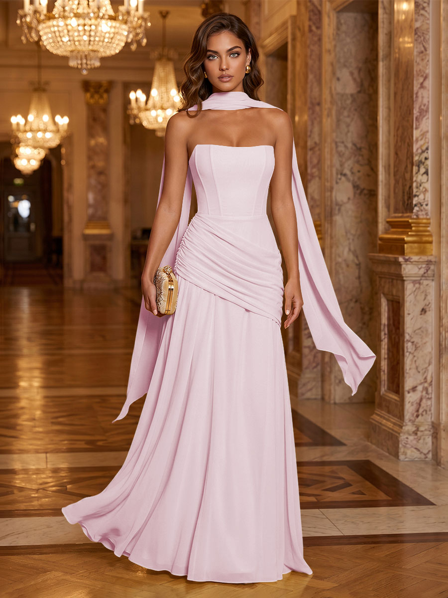 Chiffon A-Line/Princess Strapless Floor-Length Formal Dresses with Ruched Waist, Corset & Scarf