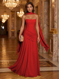 Chiffon A-Line/Princess Strapless Floor-Length Formal Dresses with Ruched Waist, Corset & Scarf