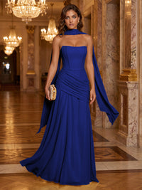 Chiffon A-Line/Princess Strapless Floor-Length Formal Dresses with Ruched Waist, Corset & Scarf
