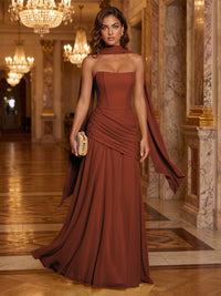 Chiffon A-Line/Princess Strapless Floor-Length Formal Dresses with Ruched Waist, Corset & Scarf