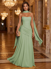 Chiffon A-Line/Princess Strapless Floor-Length Formal Dresses with Ruched Waist, Corset & Scarf