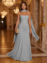 Chiffon A-Line/Princess Strapless Floor-Length Formal Dresses with Ruched Waist, Corset & Scarf