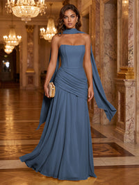 Chiffon A-Line/Princess Strapless Floor-Length Formal Dresses with Ruched Waist, Corset & Scarf
