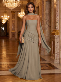 Chiffon A-Line/Princess Strapless Floor-Length Formal Dresses with Ruched Waist, Corset & Scarf