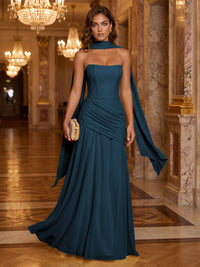 Chiffon A-Line/Princess Strapless Floor-Length Formal Dresses with Ruched Waist, Corset & Scarf