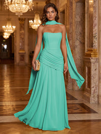 Chiffon A-Line/Princess Strapless Floor-Length Formal Dresses with Ruched Waist, Corset & Scarf