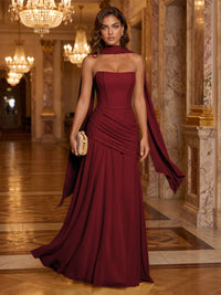 Chiffon A-Line/Princess Strapless Floor-Length Formal Dresses with Ruched Waist, Corset & Scarf