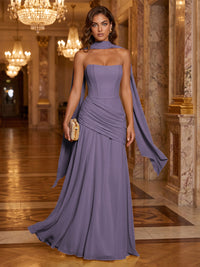 Chiffon A-Line/Princess Strapless Floor-Length Formal Dresses with Ruched Waist, Corset & Scarf