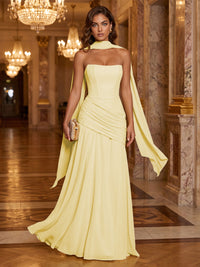 Chiffon A-Line/Princess Strapless Floor-Length Formal Dresses with Ruched Waist, Corset & Scarf