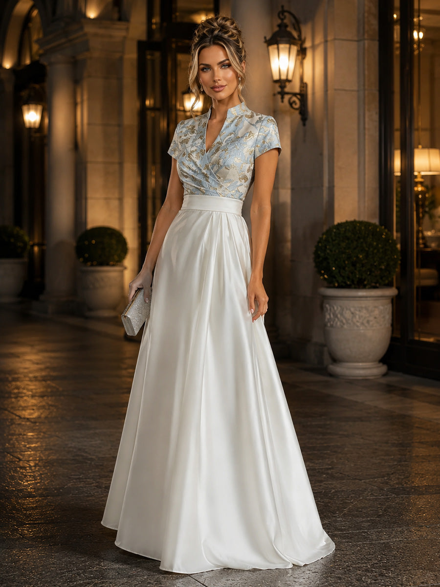 Satin A-Line/Princess V-Neck Floor-Length Formal Dresses with Jacquard Bodice & Ruched Waist