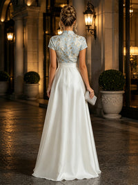 Satin A-Line/Princess V-Neck Floor-Length Formal Dresses with Jacquard Bodice & Ruched Waist
