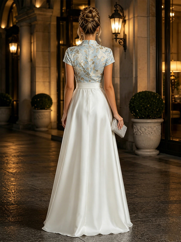 Satin A-Line/Princess V-Neck Floor-Length Formal Dresses with Jacquard Bodice & Ruched Waist