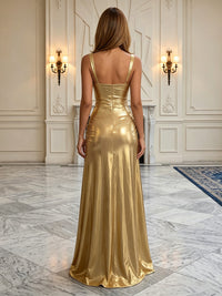 Metallic Satin A-Line/Princess Square Neck Floor-Length Formal Dresses with Ruched Waist