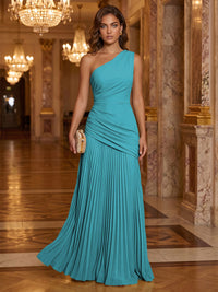 Chiffon A-Line/Princess One Shoulder Floor-Length Formal Dresses with Pleats