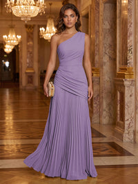 Chiffon A-Line/Princess One Shoulder Floor-Length Formal Dresses with Pleats