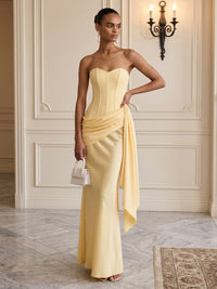 Stretch Mesh Sheath/Column Strapless Floor-Length Formal Dresses with Corset & Ruched Waist