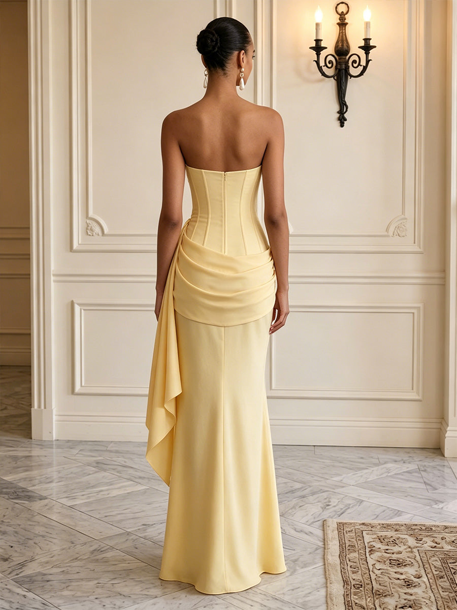 Stretch Mesh Sheath/Column Strapless Floor-Length Formal Dresses with Corset & Ruched Waist