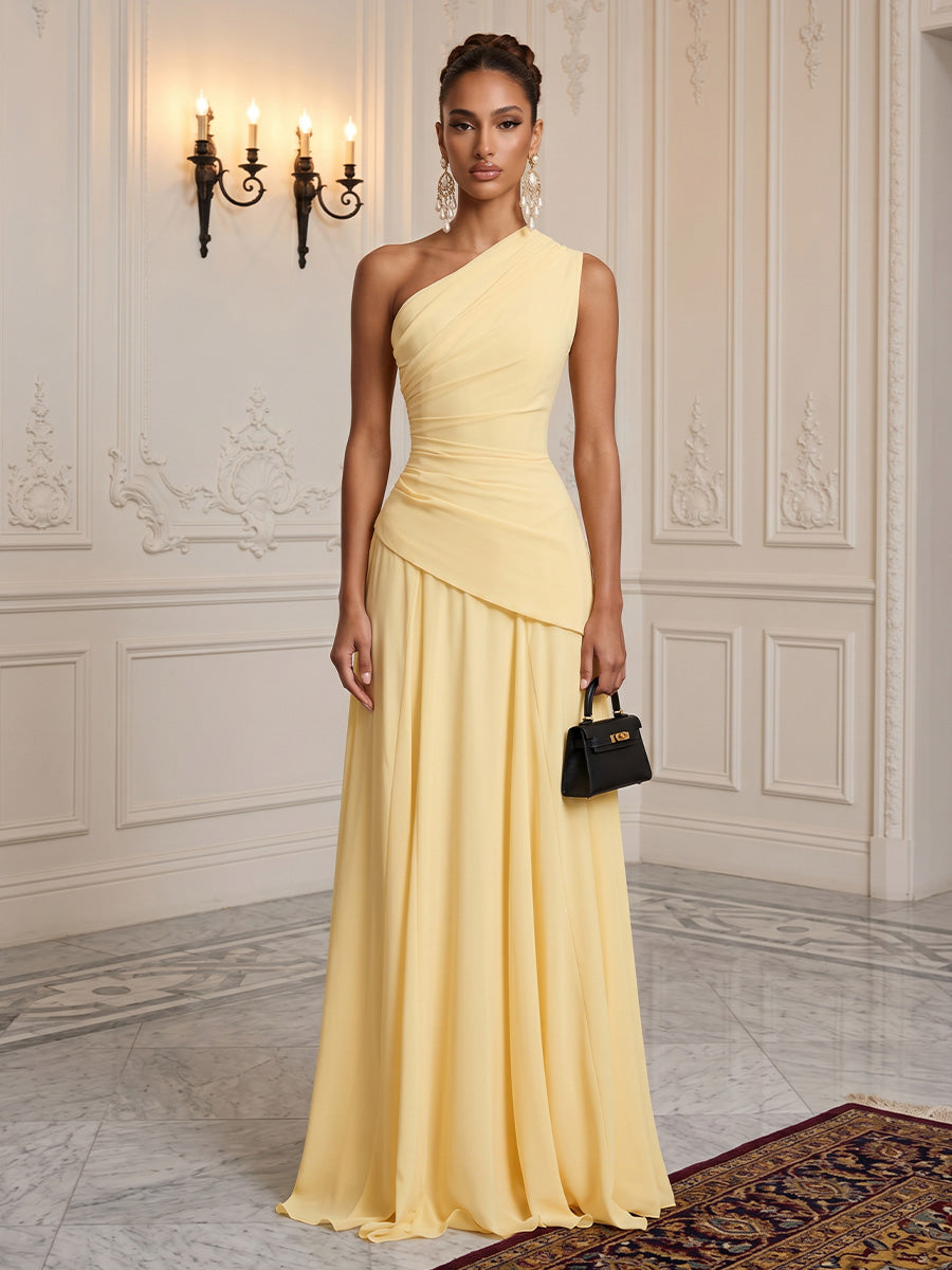 Chiffon A-Line/Princess One Shoulder Floor-Length Formal Dresses with Pleats