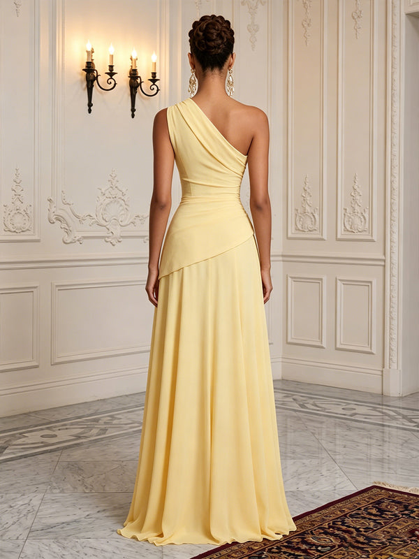 Chiffon A-Line/Princess One Shoulder Floor-Length Formal Dresses with Pleats