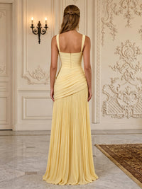 Chiffon A-Line/Princess Square Neck Floor-Length Formal Dresses with Pleats & Sweep Train