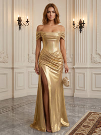 Metallic Satin Sheath/Column Off Shoulder Floor-Length Formal Dresses with Corset Bodice, Ruched Waist & Slit