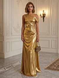 Metallic Satin A-Line/Princess Off Shoulder Floor-Length Formal Dresses with Ruched Waist