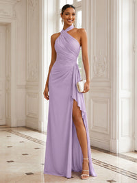 Chiffon A-Line/Princess Halter Floor-Length Formal Dresses with Ruched Waist & Slit
