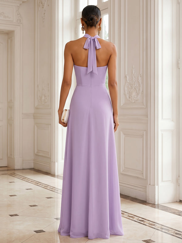 Chiffon A-Line/Princess Halter Floor-Length Formal Dresses with Ruched Waist & Slit