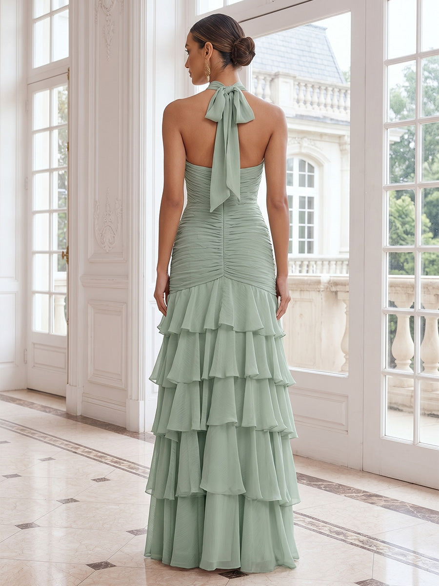 Chiffon A-Line/Princess Halter Floor-Length Formal Dresses with Tiered Layers & Ruched Waist