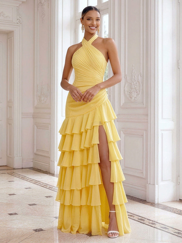 Chiffon A-Line/Princess Halter Floor-Length Formal Dresses with Tiered Layers & Slit