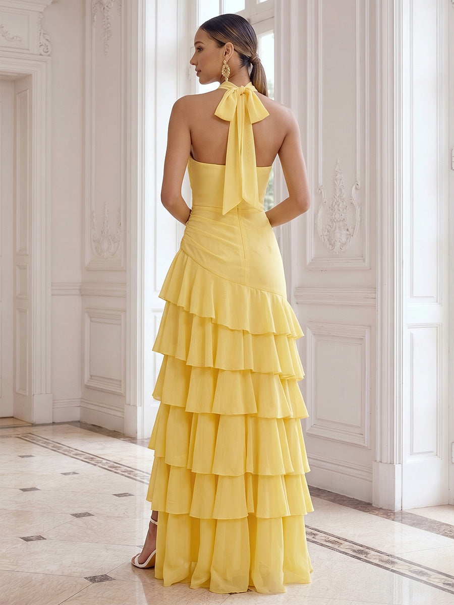 Chiffon A-Line/Princess Halter Floor-Length Formal Dresses with Tiered Layers & Slit