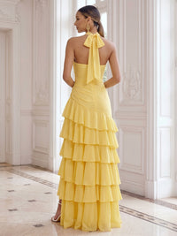 Chiffon A-Line/Princess Halter Floor-Length Formal Dresses with Tiered Layers & Slit