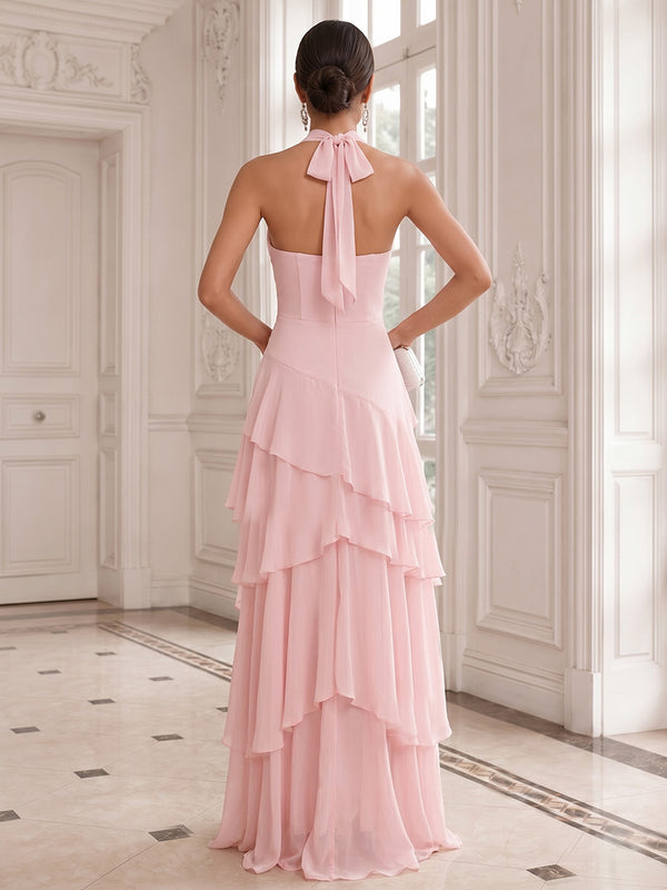 Chiffon A-Line/Princess Halter Floor-Length Formal Dresses with Tiered Layers & Slit